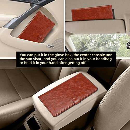 Image of Car Registration and Insurance Holder Glove Box Folder-Premium PU Leather Car Document Wallet Driver's License, Cards and Other Essentials, Reddish brown, Multi-pocket Portable Automotive Document