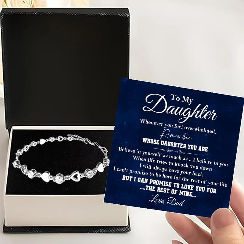 To My Daughter Bracelet, Silver Heart Chain Bracelet with Shiny Stones, Perfect Birthday or Graduation Christmas Gift for Daughter with Message Card Gift Box - Image 3