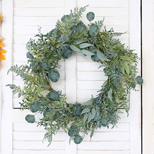 Gaudium 18 "Artificial Green Eucalyptus Leaf Wreath, Spring/Summer Front Door Wreath, Faux Eucalyptus Porch Farmhouse Patio Garden Decor #TOP3
