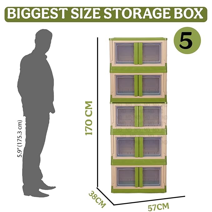 mechdel Storage Plastic for Closet Organizers,Cupboard rack,Folding Storage Box, Stackable Storage with Open Front Door, with wheels (Parrot Green, 5PCS-(72L))Made in India 2