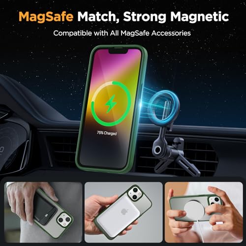 Image of Miracase Magnetic for iPhone 14 Plus Case 6.7 inch (Compatible with MagSafe)(with 2X Screen Protectors) Military-Grade Protection, Anti-Fingerprint Translucent Matte Phone Case Cover, Dark Green