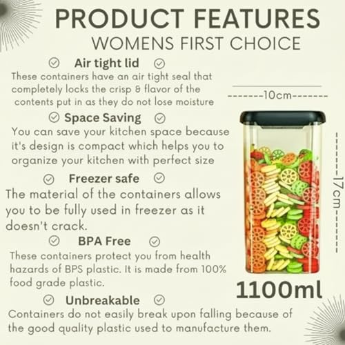 Image of Airtight Kitchen Storage Containers (Set of 6, 1100ML) | BPA-Free Food Jars for Cereals, Pulses, Snacks | Clear Plastic Containers for Fridge & Pantry Organizing
