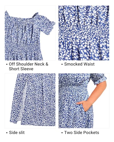 Image of Holipick Women's Off The Shoulder Boho Dress Plus Size Floral Smocked Waist Split Summer Maxi Sundress with Pockets