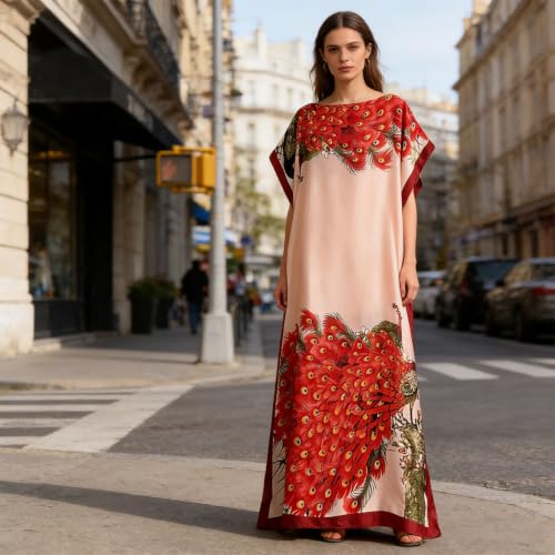 Women Kaftan & Scarf, Plus Size Caftan Moo Moo Dress with Head Scarf (red) | Moo Moo with Scarf, Silky Fabric, Boat Neck, Ethnic Maxi Dress, Boho Peacock Leopard Print, Swimsuit Cover Up, Beach Vacation - image 8