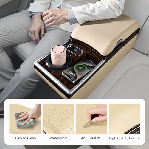Image of Coverado Center Console, Universal Bench Seat Center Console with Wireless Charging & Cup Holder & 7 Light Modes, Truck Back Seat Car Organizer, Rear Central Car Armrest Box with Storage, Beige