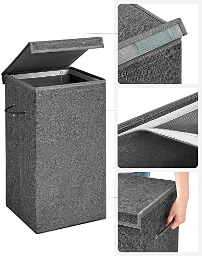 SONGMICS 85L Laundry Basket, Wash Basket with Magnetic Lid and Handles, Laundry Hamper, Collapsible, Linen-Look Fabric, Removable Liner Bag, Dark Grey LCB001G02