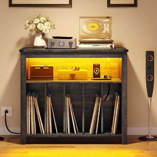 DWVO Large Record Player Stand with Power Outlets & LED Lights, Turntable Stand with Display Shelf Holds Up to 120 Albums, Vinyl Record Storage Table for Living Room, Bedroom, Dark Rustic Oak