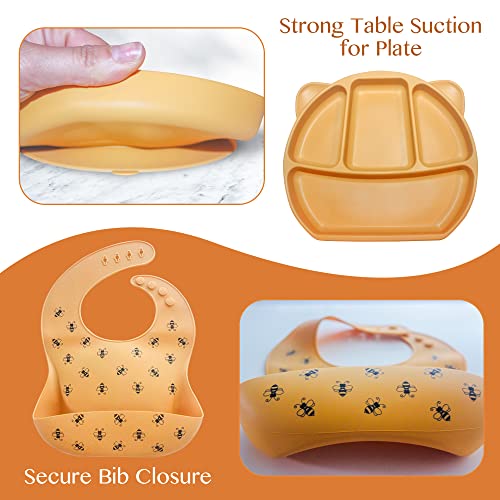 Startotz Baby Feeding Set | Suction Plates For Baby, Plate And Utensils Set For Baby, Baby Led Weaning Supplies, Baby Plates With Suction, Silicone Bib, Silicone Plates For Baby, Mustard (Ybfs1) #TOP3