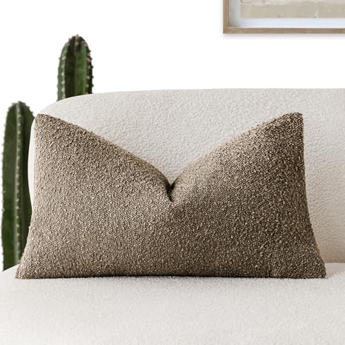Image of Foindtower Decorative Textured Boucle Throw Pillow Covers Accent Solid Lumbar Pillow Cases Neutral Soft Cozy Couch Cushion Case for Chair Sofa Bedroom Living Room Home Decor 12x20 Inch,1PC,Light Brown
