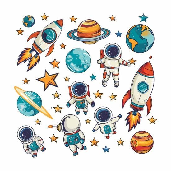 Image of Space Theme Wall Sticker for Ki-ds | Self Adhesive Astronaut, Rocket & Planet PVC Wall Decal for Nursery, Bedroom & Playroom Decor