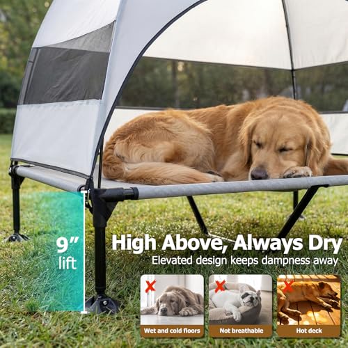 Image of Elevated Dog Bed with UV-Proof Canopy, Outdoor Dog Tent with Powerful Adjustable Feet, Portable Pet Cot with Wider Shade, Raised Cooling Bed for Camping, Patio, Beach, Poolside