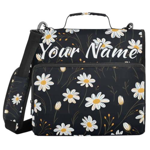 Image of Custom 3 Ring Zipper Binder White Daisy Flower Black Personalized Name 1.5 Inch Binders Large Capacity Multi Pockets for School Office Supplies