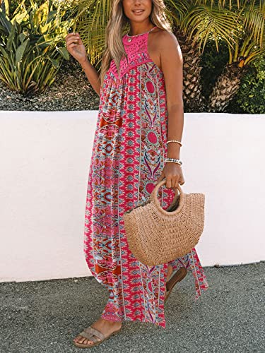 Image of FARORO Sleeveless Long Dress for Women Boho Halter Maxi Sundress Casual Loose Dresses Split Cover Up Gown with Pockets