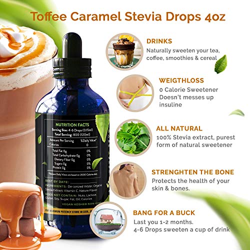 Enzo Liquid Stevia Drops Our Zero Calories Sweetener (4oz - 800 Servings/Bottle) - Toffee Caramel - All Natural flavoring with No Artificial Additives & Filler Ingredient