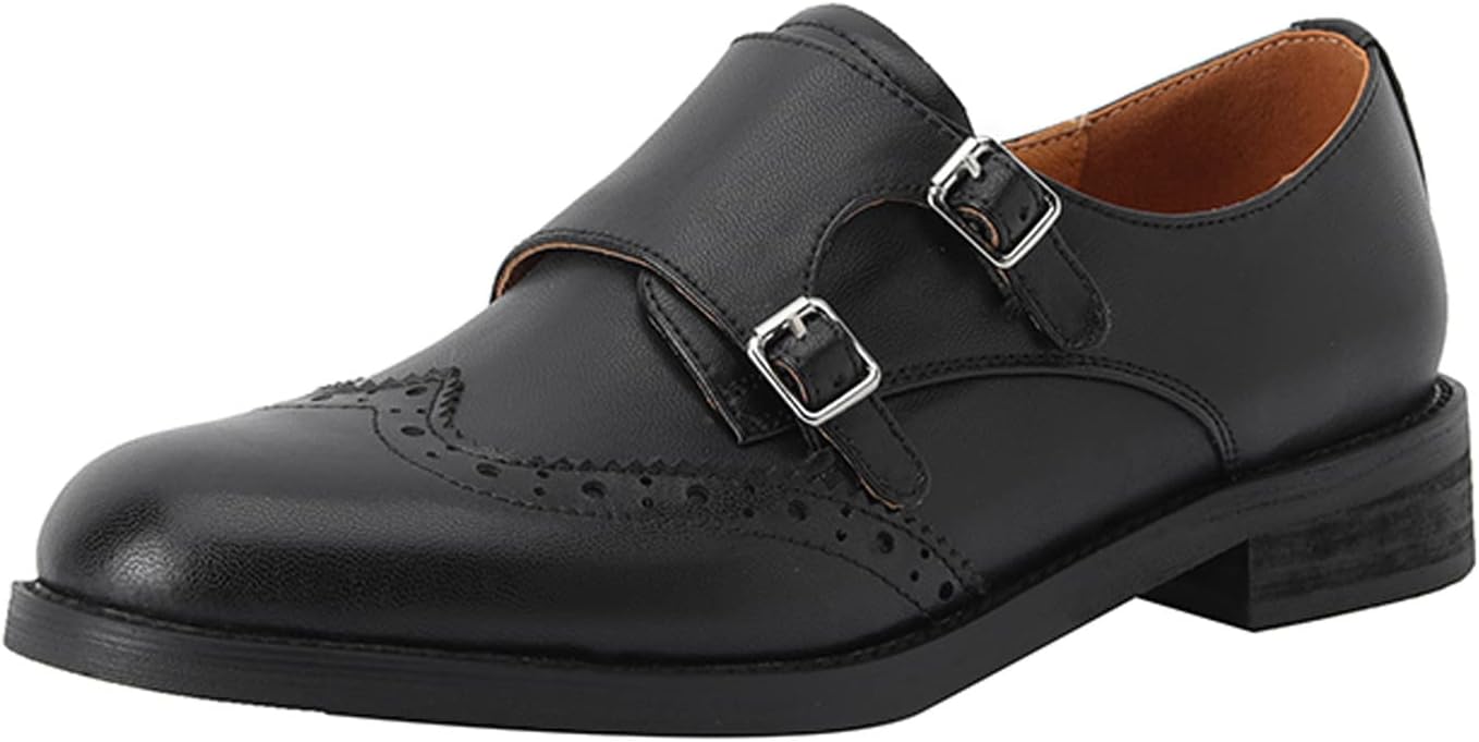 U-lite Womens Monk Strap Shoes Sheepskin Perforated Fashion Buckle Vamp Brouge Oxfords Dress Shoes