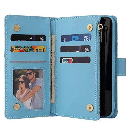 Ueebai Wallet Case For Iphone Xr, Premium Vintage Pu Leather Magnetic Closure Handbag Zipper Pocket Cover Kickstand Card Slots With Wrist Strap Tpu Shockproof Flip Case For Iphone Xr - Marble Blue #TOP1