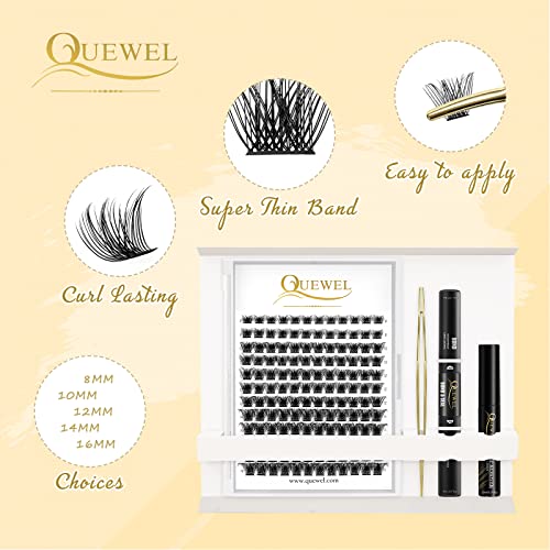 QUEWEL Kit de extensões de cílios DIY Lash Clusters 144 Pcs, Pinça para cílios Cluster Lashes Golden