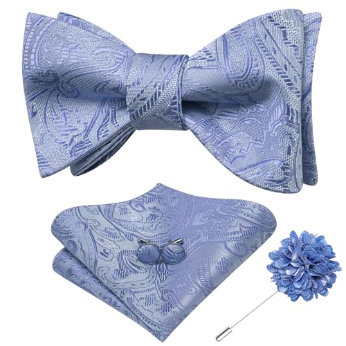 Image of Dubulle Self Tie Bow Ties and Lapel Pin for Men Paisley Solid Mens Bowtie and Handkerchief Cufflinks Set Wedding