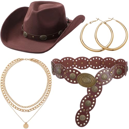 Tivi Tovo 4 Pcs Western Cowgirl Accessories for Women Vintage Hat and Belt Jewelry Set Horse Race Party Cowgirl Cowboy(Brown Suit for Waist Size Below 35)