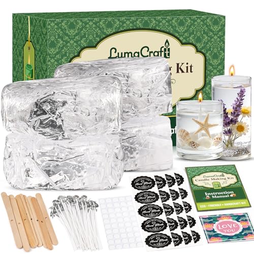 LumaCraft Klares Gelwachs zur Kerzenherstellung 2000g Transparentes Jelly Wachs mit 50 Dochten 50 Dochtklebern & 10 Dochthaltern Natürliches DIY Gelkerzen Zubehör für Anfänger & Bastler