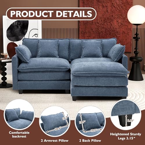 Image of Ihanherry 77 inch L Shaped Modern Sofa Modular Sectional Cloud Couch with Ottoman, 3-Seat Chenille Deep Seat Sofa with Pillow for Living Room, Bedroom and Apartment, Blue