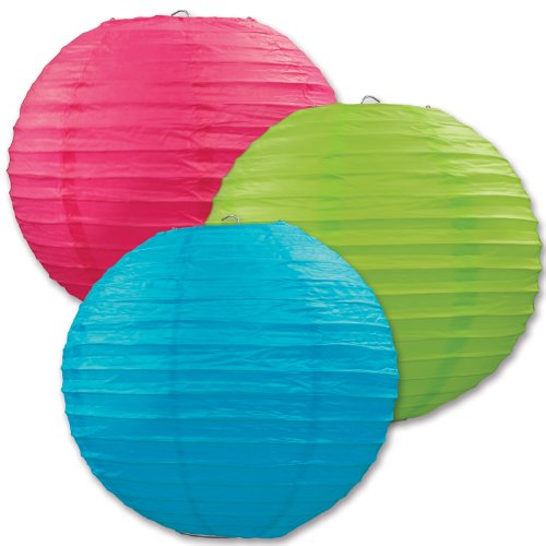 Beistle Set of 3 Paper Lanterns, 9.5"- Luau Pool Party Summer Decorations in Cerise, Light Green and Turquoise