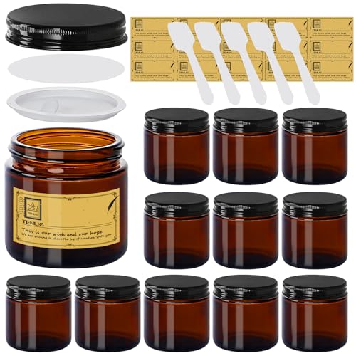 4 oz Glass Jars with Lids,Amber,12 Pack Empty Cosmetic Containers with Inner lids and Inner Liners,Black Metal Lids,Refillable Round Airtight Jars,Use to store Lotion,Powders,Candle Making