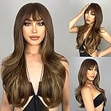 N NAYASA Brown Wigs with Bangs Long Layered Wigs for Women Brown Mixed Blonde Synthetic Wig Heat Resistant Natural Looking Wigs for Daily Party Use