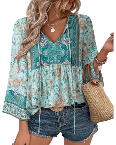 Unixseque Boho Tops for Women: Womens 3/4 Sleeve Summer Fall V Neck Floral - Cruise Shirts Women - Summer Clothes Bohemian Tops Tie Front Vacation Clothing Blue Green