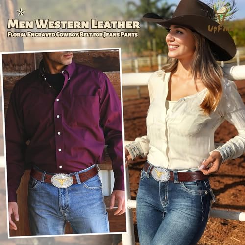 Western Leather Belt Vintage Engraved Cowgirl Cowboy Belt with Longhorn Bull Silver Buckle for Women Men Jeans3