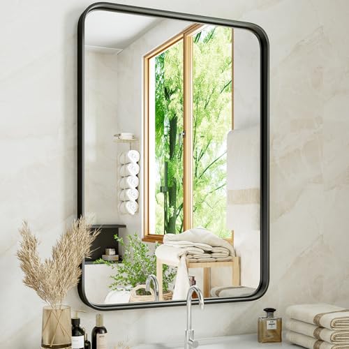 OLIXIS Black Metal Framed Bathroom Mirror, 22x30 Inch Rounded Rectangle Vanity Mirror,Horizontally or Vertically Hanging for Bathroom,Bedroom, Living Room, Entryway