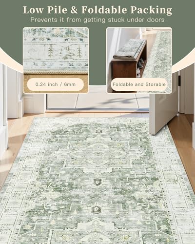 Madane Runner Rug 2x8, Washable Hallway Runner Rugs, Non-Slip Low-Pile Soft Kitchen Rug Runner Laundry Room Rug, Vintage Throw Entry Foyer Mat for Entrance Living Room (Green/Ivory, 2 x 8)