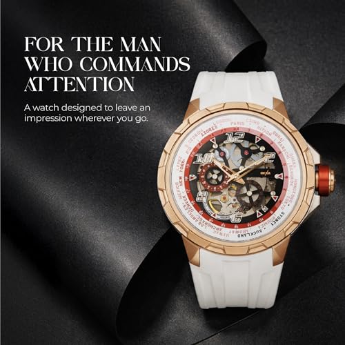 Image of HEXA Atlas Automatic Mechanical Skeleton Chronograph Watch for Men | Miyota Japan Movement | Transparent Analog Dial | 42.5 mm Stainless Steel Case | White Silicone Strap | Sapphire Crystal | 5ATM Water Resistant Luxury Watch