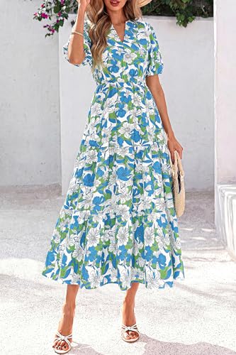 dowerme Womens Summer Dresses 2026 Casual Puff Short Sleeve V Neck Floral Boho Tiered Ruffle Maxi Dress with Pockets(Green Blue White Floral,Medium) — view 3