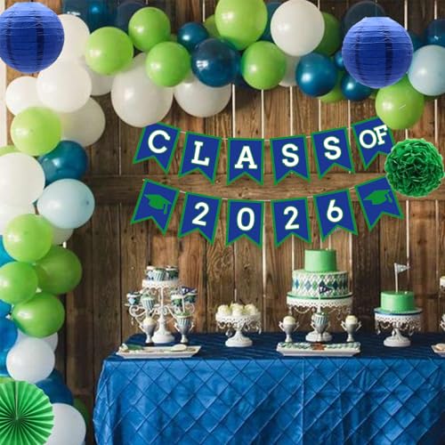 Image of Blue Green Graduation Party Decoration Class Banner Hanging Pom Poms Flowers High School College Grad Supplies