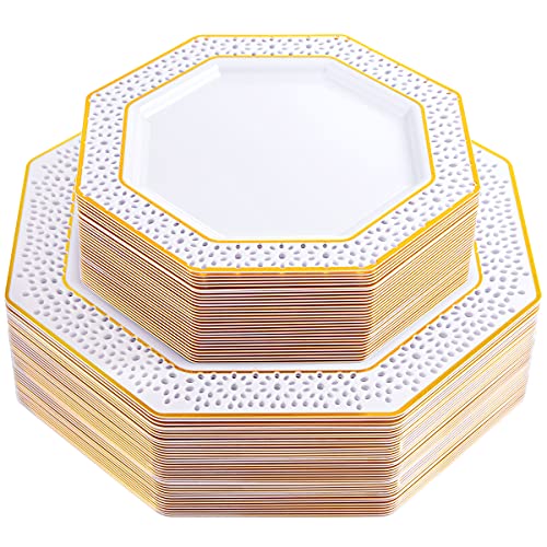 BBG 60 PCS Gold Plastic Plates, Disposable White Plates with Gold Rim,Gold Disposable Plates for Party, Premium Heavy Duty Plates Include 30Plastic Dinner Plates 10.25inch,30Salad Plates 7.5inch