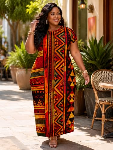 Image of Plus Size Maxi Dress for Women Short Sleeve V Neck Casual Loose Sundress with Pockets