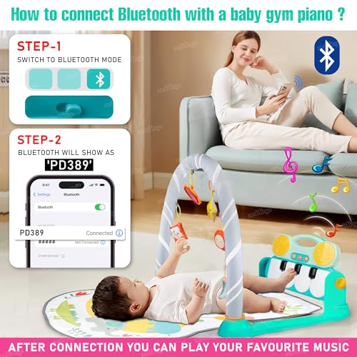Image of Zest 4 Toyz Baby Play Mat with Bluetooth Musical Bluetooth Piano Kick Keyboard and Hanging Toys for 0-36 Months Interactive Baby Gym Mat for Boys and Girls (Blue)