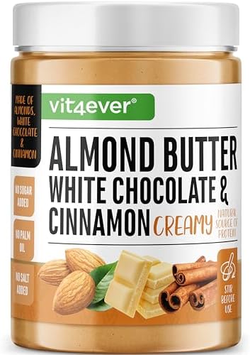 vit4ever Mandelbutter Creamy - 1kg - Weiße Schokolade & Zimt | 20 g Protein - Cremiges Mandelmus - ohne Zusätze von Salz, Zucker oder Palmöl - Vegetarisch