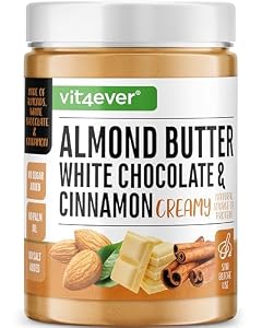 vit4ever Mantequilla de Almendra con Chocolate Blanco y Canela - 1 kg Natural - Sabor cremoso e intenso, refinado con sal - Alto contenido en proteínas - Sin aceites añadidos ni grasa de palma