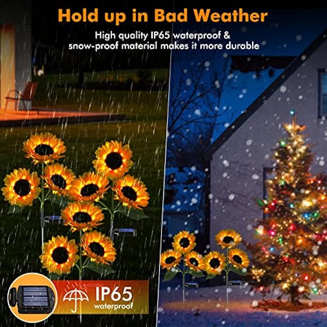 Solar Sunflower Lights, 800mA Solar Garden Light with Real Looking Flowers Outdoor Waterproof Solar Stake Lights for Back Yard, Flower Bed, Pathway, Patio, Porch, Spring Decoration (2 Pack)