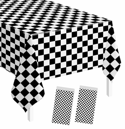 Image of SietDESEO 2 Pack Checkered Tablecloth Plastic Rectangle 54 x 108 Black and White Checkered Flag Table Cloth Disposable Plaid Table Cover for Race Car Birthday Baby Shower Picnic Party Supplies