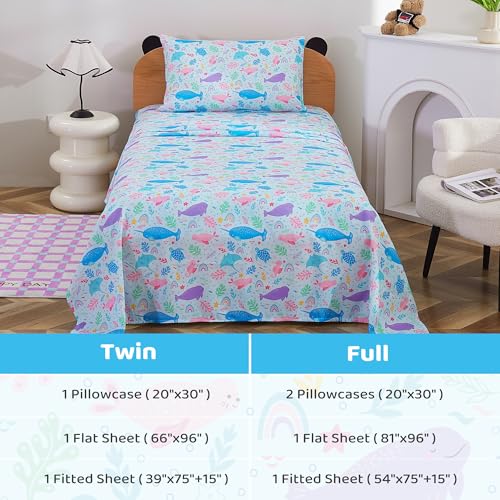 Image of Viviland 3 Pieces Girls Blue Marine Twin Sheet Set - Soft Microfiber Fitted Flat Sheets & Pillowcase Bed Sheet Set - Colorful Marine Animals Print Bedding Sets for Kids