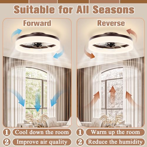 Image of VOLISUN Low Profile Ceiling Fans with Lights and Remote,15.7in Modern Ceiling Fan Flush Mount, 3000K-6500K Dimmable Bladeless LED Fan Light,Brown Fandelier Ceiling Fans with Lights for Bedroom