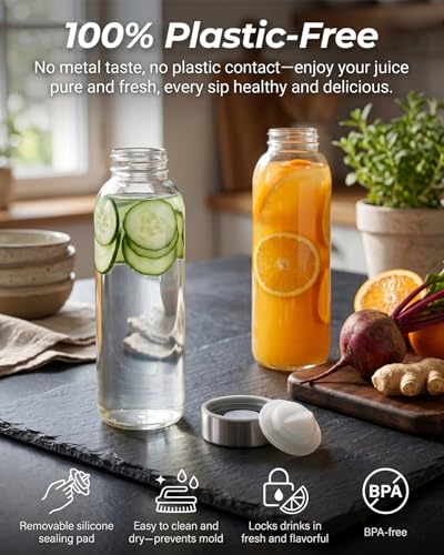 Image of Zukro 24 oz Glass Juice Bottles With Stainless Steel Lids, Airtight & Leak Proof, 4 Pack Reusable Clear Glass Jar For Juicing, Water, Homemade Drinks, Smoothie & Milk, Dishwasher Safe & BPA Free