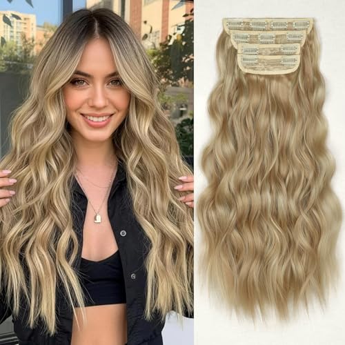 Image of Wavy Thick Hair Extensions 20 inch Dark Ash Blonde Mixed Blonde | 4 Pieces Clip in Extensions,Fiber Double Weft Hairpieces,Natural Volume,Beach Wave Long Synthetic Hairpieces for Women