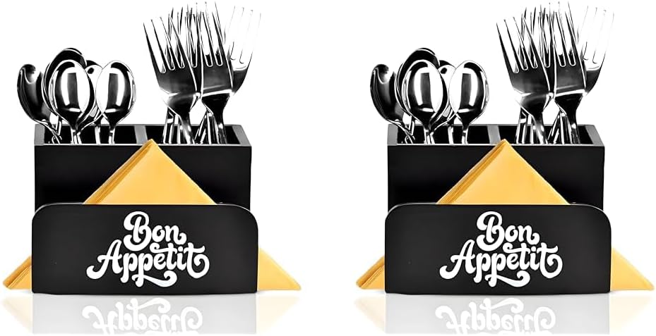 Dime Store Enginereed Wood Cutlery holder with Napkin rack for Countertop Multipurpose Rack organzier Spoon Kitchen Organizer rack for Kitchen Dining table, Restaurant (Black) (Pack of 2)