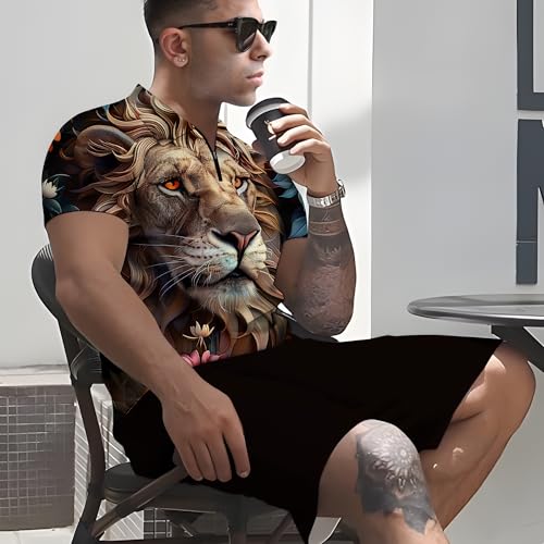 Conjunto masculino de 2 peças com estampa de animais de verão, camisa polo de manga curta e conjunto