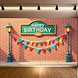 Cartoon Street Happy Birthday Party Backdrop Banner Red Brick Wall Street Happy Birthday Photography Background with Colorful Banner Bday Party Decorations Photo Booth Background Supplies Decor