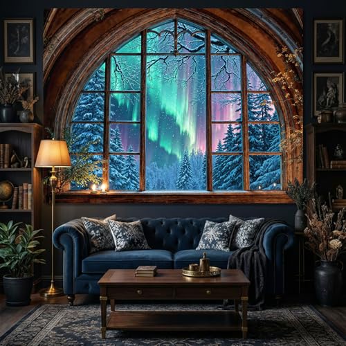 Lifeel Aurora Snowy Landscape Tapestry Forest Winter Night Scenic Window Tapestries Home Decor for Bedroom Living Room 36x48 inches